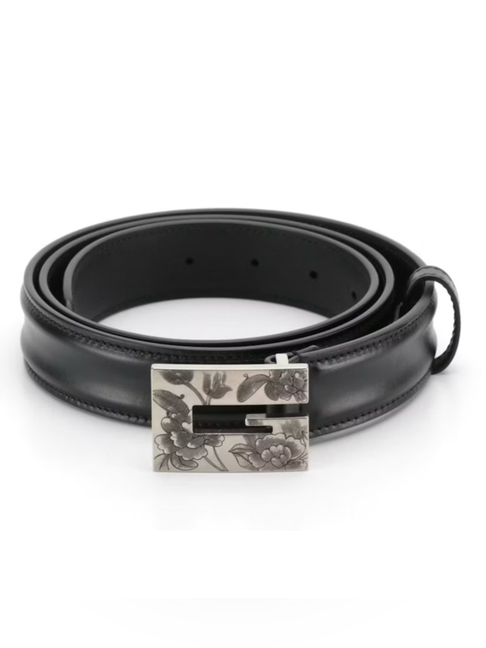 Gucci Black Leather Belt with Floral Silver Buckle